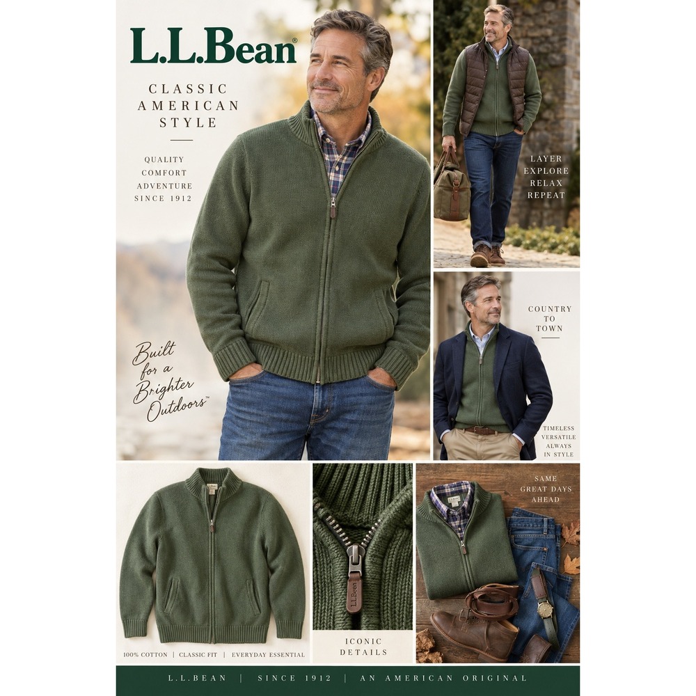 LL Bean Mens Large Olive Green 100% Cotton Full Zip Shaker Stitch Sweater 258292